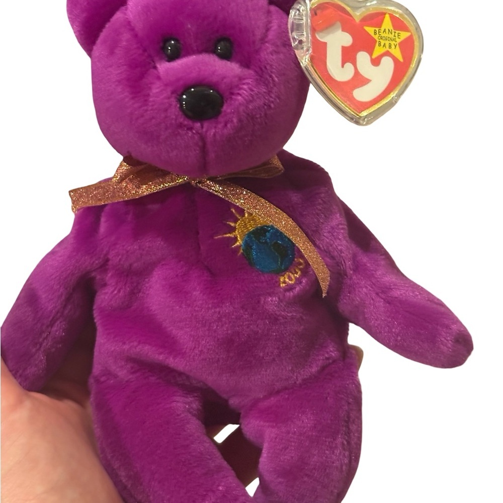 1999 TY Beanie Baby Millennium purple bear gold ribbon Earth/“2000” chest patch - Picture 8 of 11